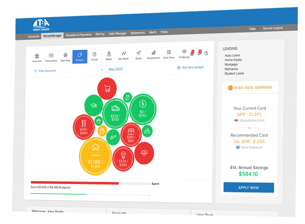 MoneyMap_Screen Online banking budget dashboard showing spending categories as colored bubbles, with green, yellow, and red circles indicating budget status.