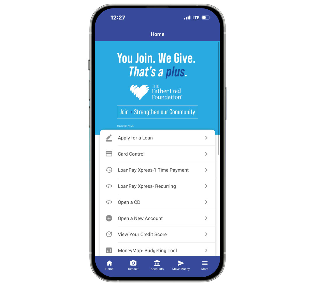 phone_tbacu_app Mobile banking app home screen showing account services, loan options, card controls, payments, credit score access, and budgeting tools.