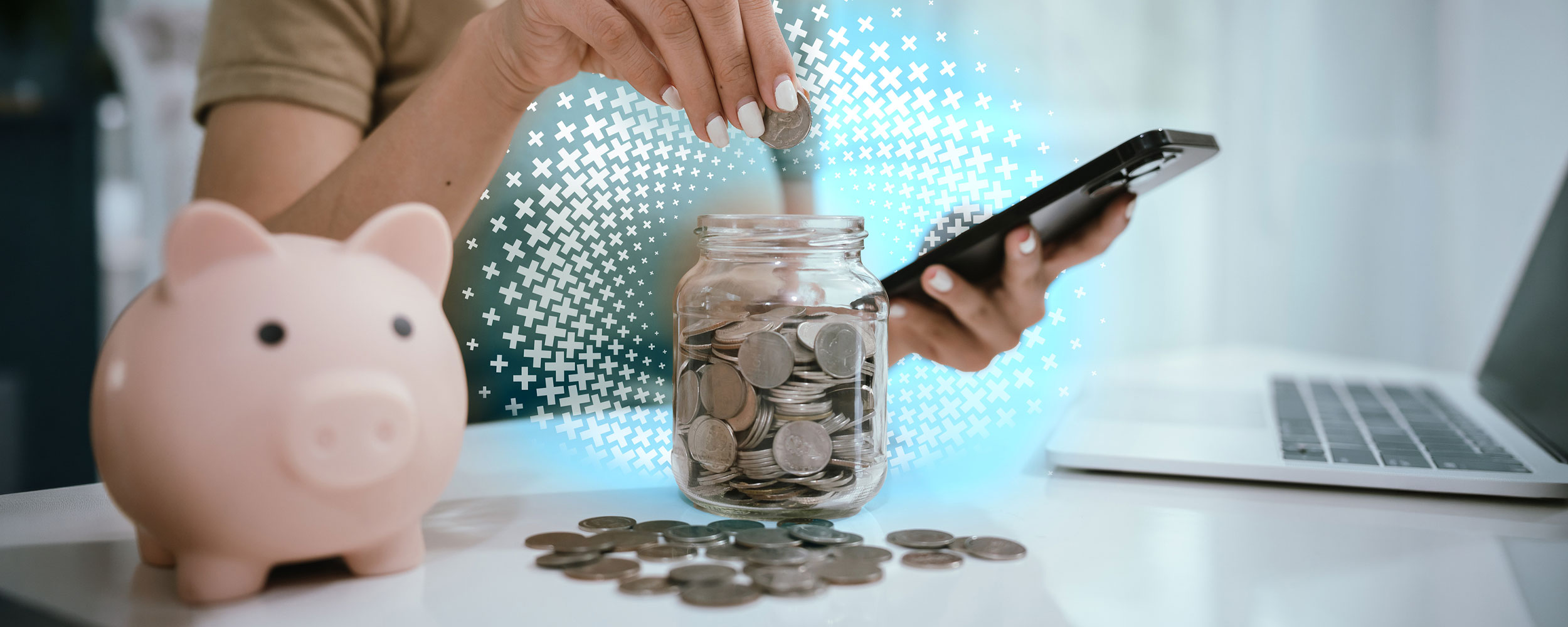 Woman adds a coin to her collection in a jar.