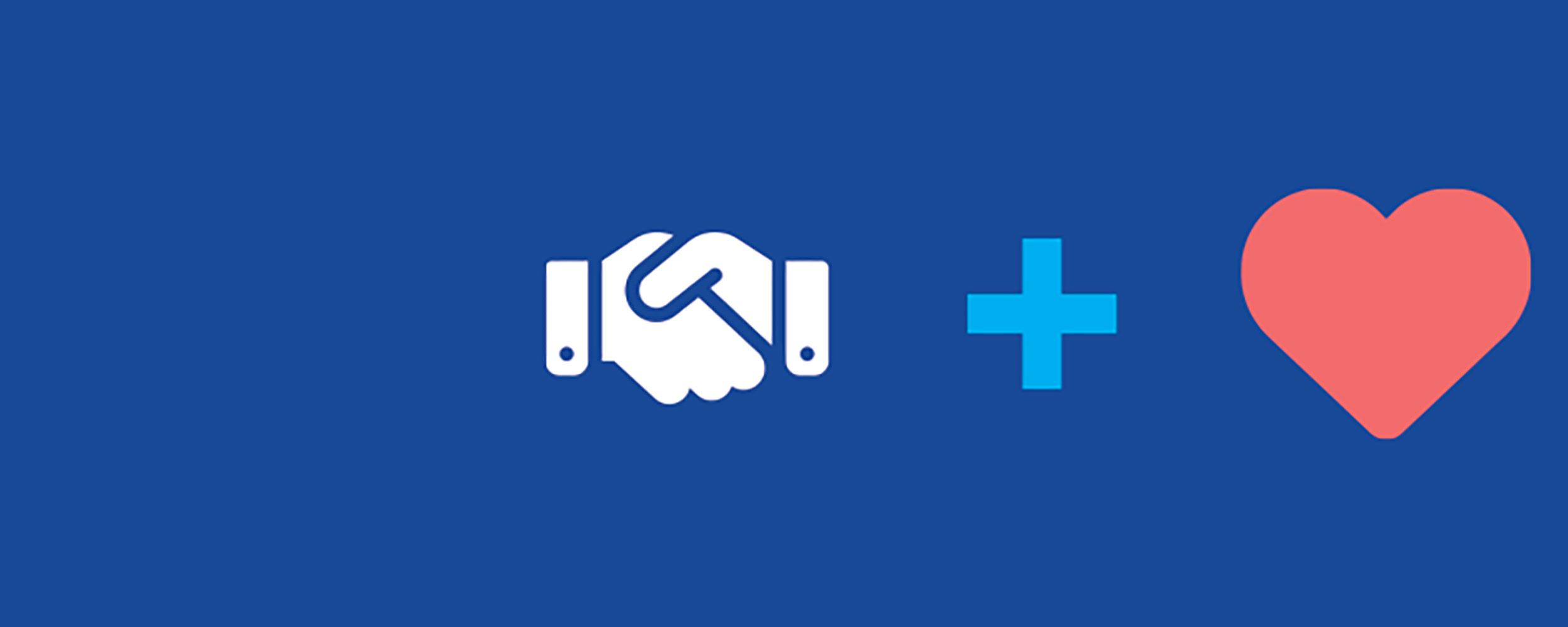 Shaking hand icon, plus sign icon finished with a heart icon.
