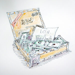 Drawing of an open cigar box with money inside.